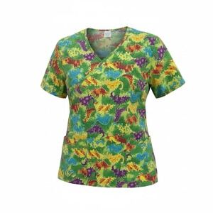 Elsie Of Miami Womens Mock Wrap Scrub Top Size Medium Vibrant Dinosaur Design